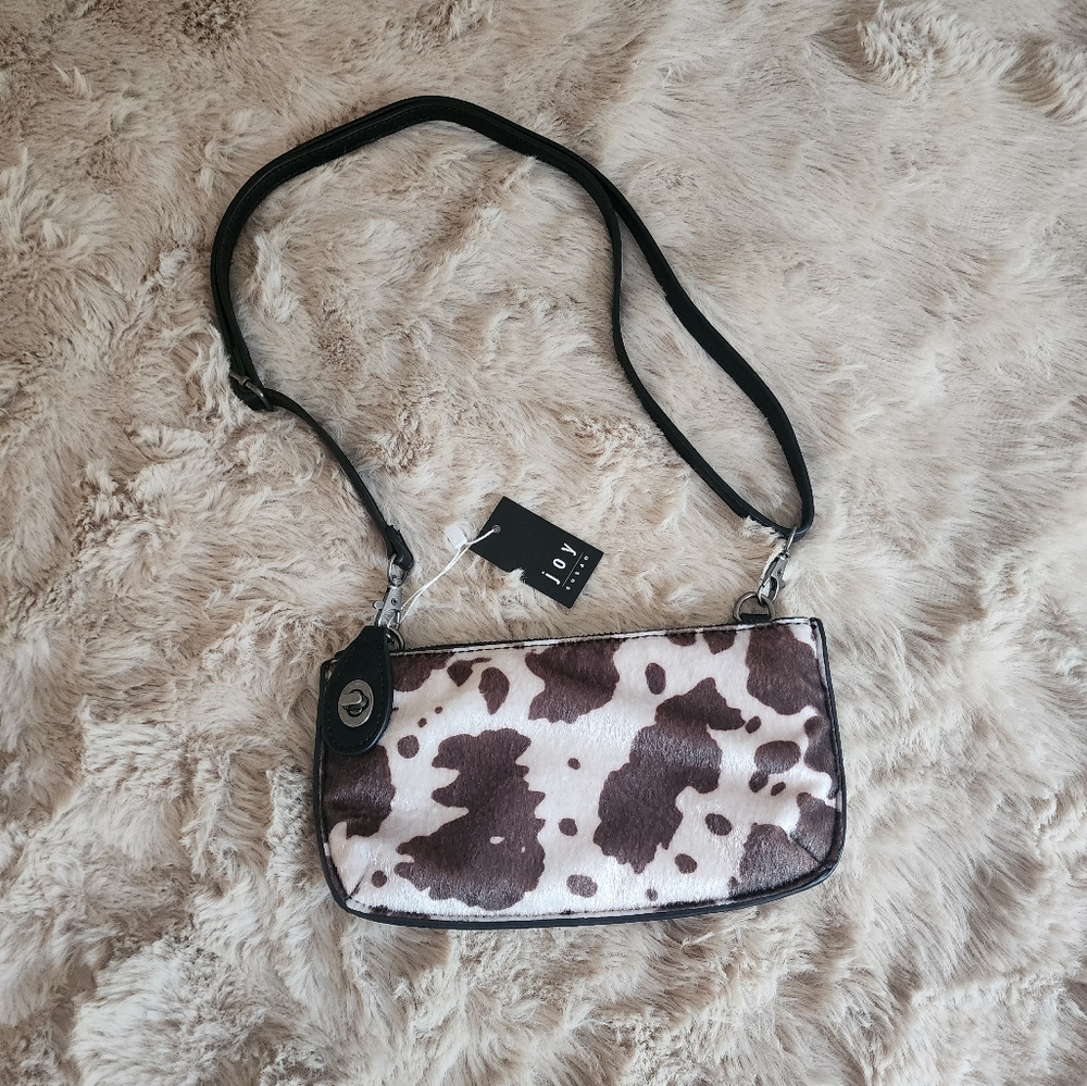 NWT Joy Susan Brown and Cream Shoulder Bag/Wristlet with Cow Print
